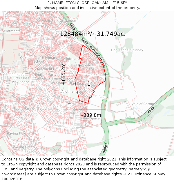 1, HAMBLETON CLOSE, OAKHAM, LE15 6FY: Plot and title map