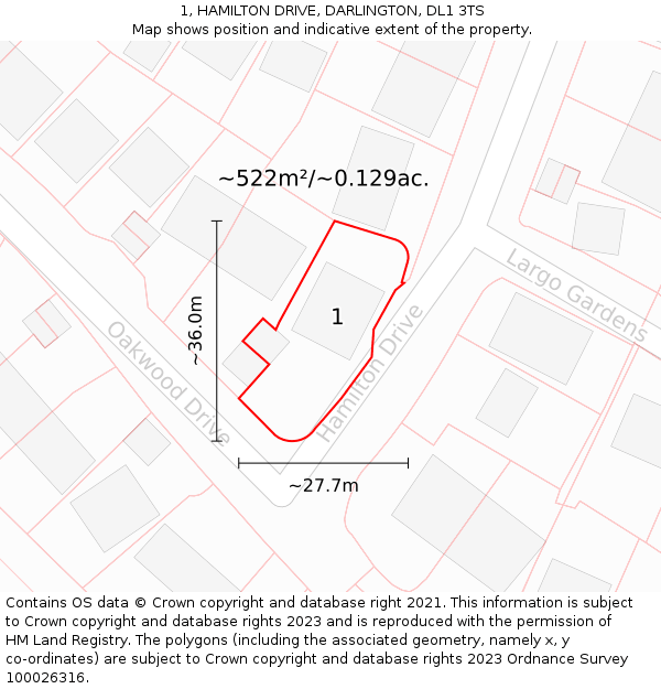 1, HAMILTON DRIVE, DARLINGTON, DL1 3TS: Plot and title map