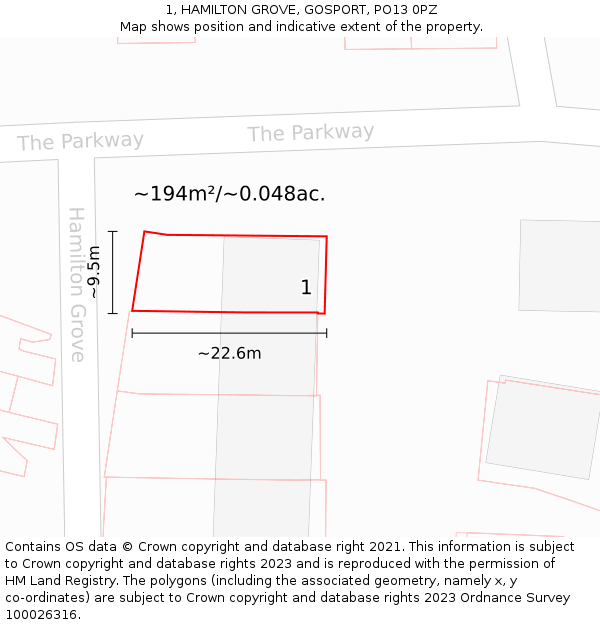 1, HAMILTON GROVE, GOSPORT, PO13 0PZ: Plot and title map