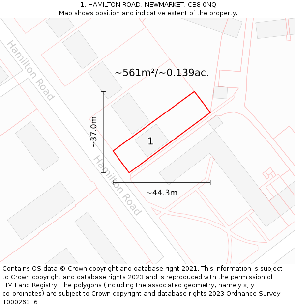 1, HAMILTON ROAD, NEWMARKET, CB8 0NQ: Plot and title map