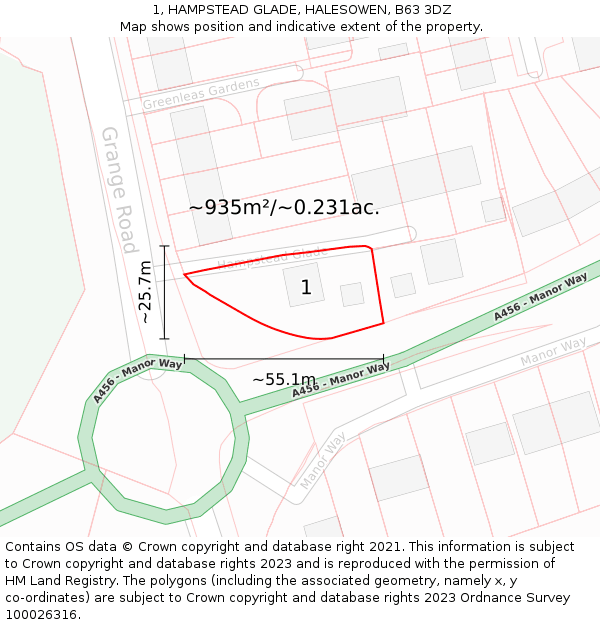 1, HAMPSTEAD GLADE, HALESOWEN, B63 3DZ: Plot and title map