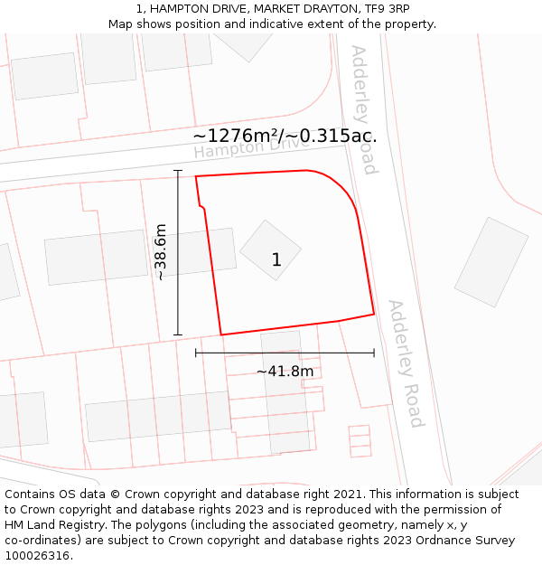 1, HAMPTON DRIVE, MARKET DRAYTON, TF9 3RP: Plot and title map