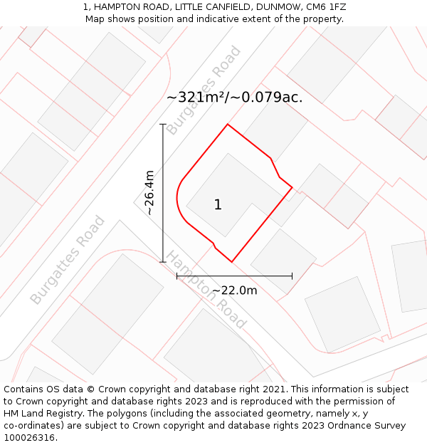 1, HAMPTON ROAD, LITTLE CANFIELD, DUNMOW, CM6 1FZ: Plot and title map