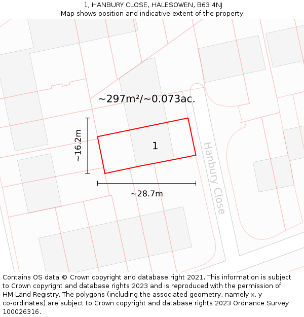 1, HANBURY CLOSE, HALESOWEN, B63 4NJ: Plot and title map