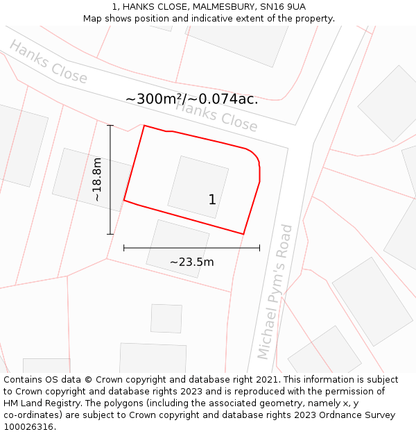 1, HANKS CLOSE, MALMESBURY, SN16 9UA: Plot and title map