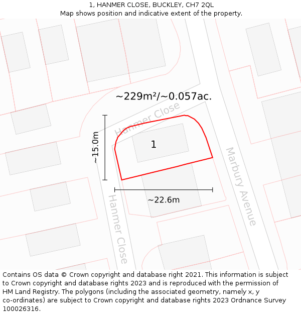 1, HANMER CLOSE, BUCKLEY, CH7 2QL: Plot and title map