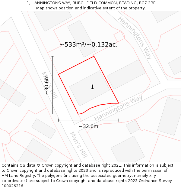 1, HANNINGTONS WAY, BURGHFIELD COMMON, READING, RG7 3BE: Plot and title map