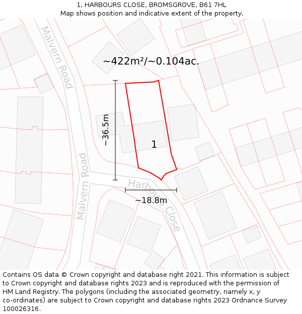 1, HARBOURS CLOSE, BROMSGROVE, B61 7HL: Plot and title map