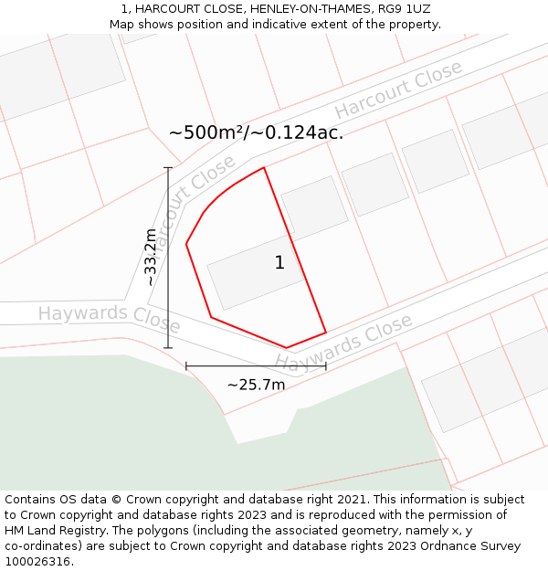 1, HARCOURT CLOSE, HENLEY-ON-THAMES, RG9 1UZ: Plot and title map