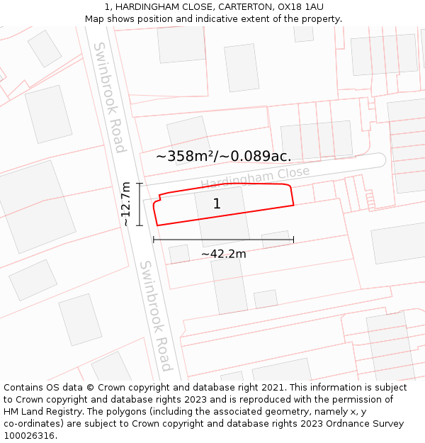 1, HARDINGHAM CLOSE, CARTERTON, OX18 1AU: Plot and title map