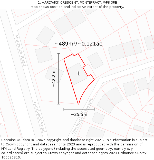 1, HARDWICK CRESCENT, PONTEFRACT, WF8 3RB: Plot and title map