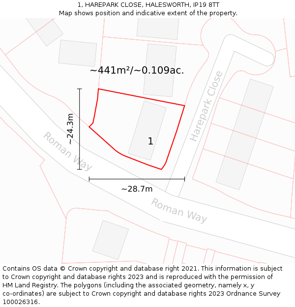 1, HAREPARK CLOSE, HALESWORTH, IP19 8TT: Plot and title map