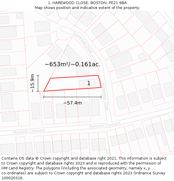 1, HAREWOOD CLOSE, BOSTON, PE21 9BA: Plot and title map