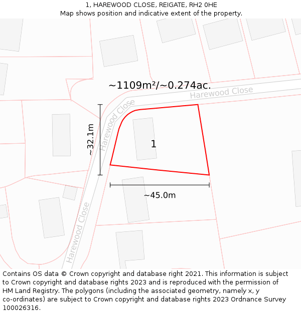 1, HAREWOOD CLOSE, REIGATE, RH2 0HE: Plot and title map