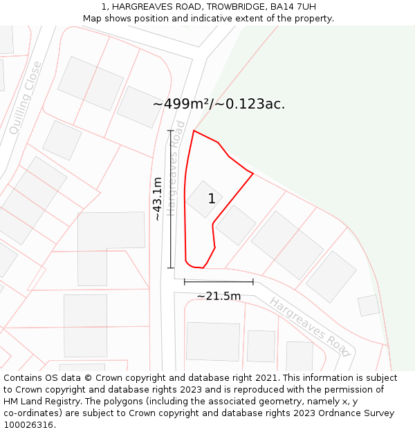 1, HARGREAVES ROAD, TROWBRIDGE, BA14 7UH: Plot and title map