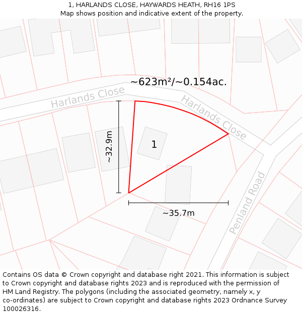 1, HARLANDS CLOSE, HAYWARDS HEATH, RH16 1PS: Plot and title map