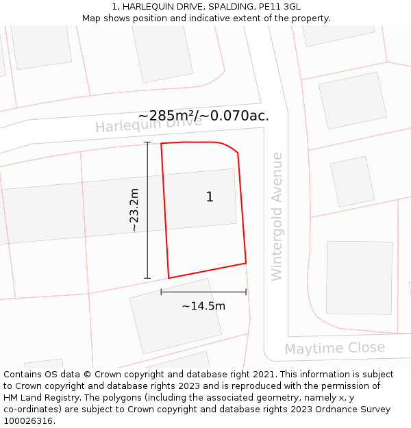 1, HARLEQUIN DRIVE, SPALDING, PE11 3GL: Plot and title map