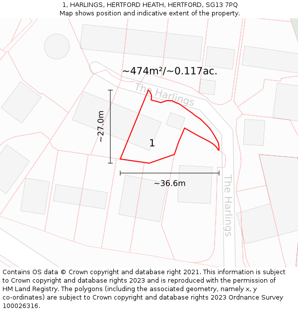 1, HARLINGS, HERTFORD HEATH, HERTFORD, SG13 7PQ: Plot and title map