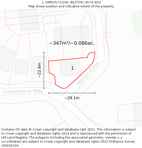 1, HARLYN CLOSE, BILSTON, WV14 8GZ: Plot and title map