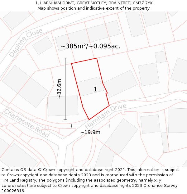 1, HARNHAM DRIVE, GREAT NOTLEY, BRAINTREE, CM77 7YX: Plot and title map