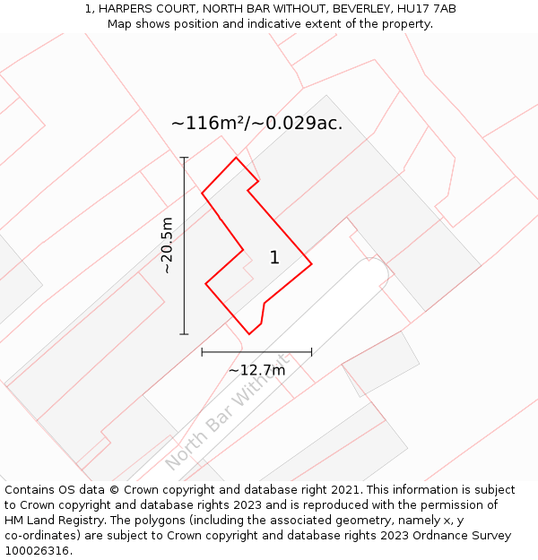 1, HARPERS COURT, NORTH BAR WITHOUT, BEVERLEY, HU17 7AB: Plot and title map