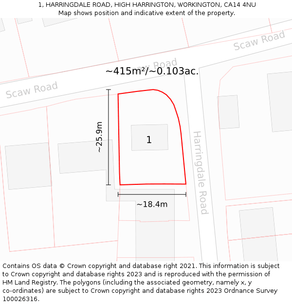 1, HARRINGDALE ROAD, HIGH HARRINGTON, WORKINGTON, CA14 4NU: Plot and title map