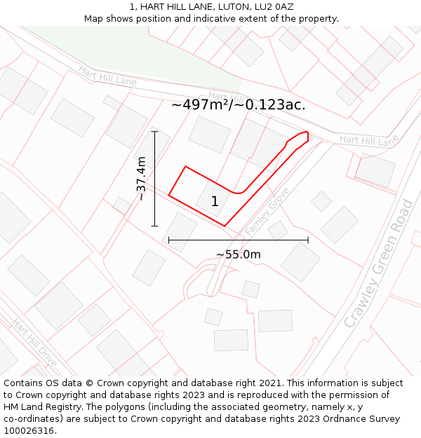 1, HART HILL LANE, LUTON, LU2 0AZ: Plot and title map