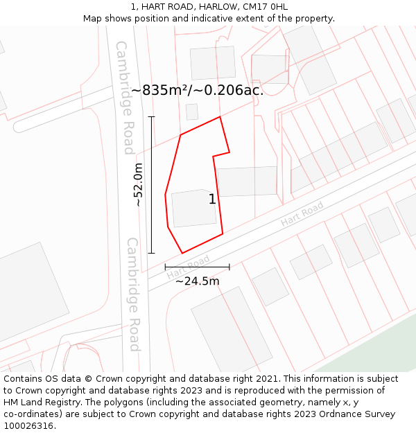 1, HART ROAD, HARLOW, CM17 0HL: Plot and title map