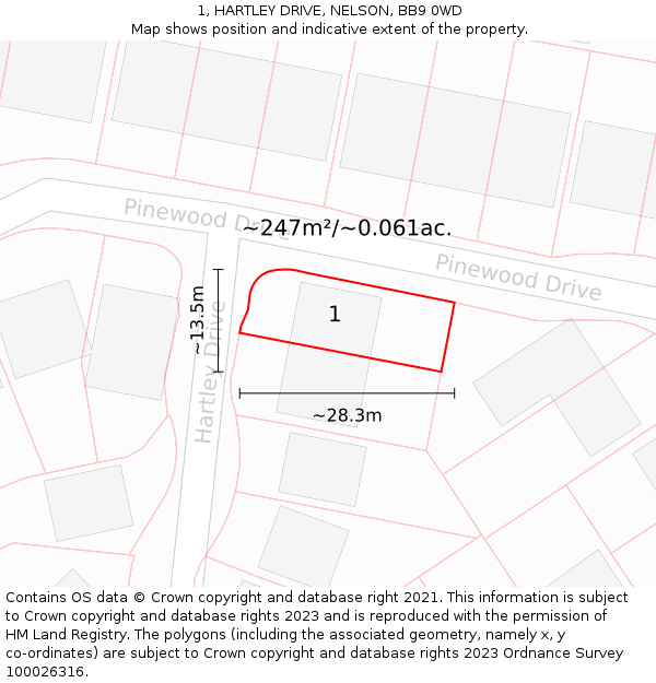 1, HARTLEY DRIVE, NELSON, BB9 0WD: Plot and title map