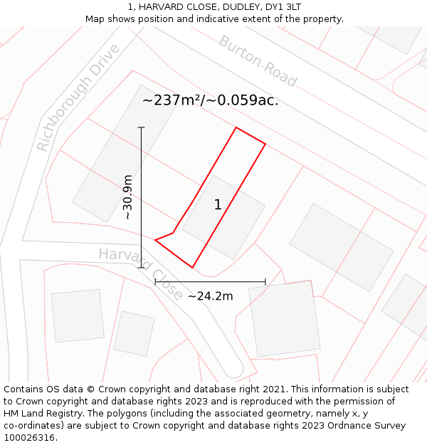 1, HARVARD CLOSE, DUDLEY, DY1 3LT: Plot and title map