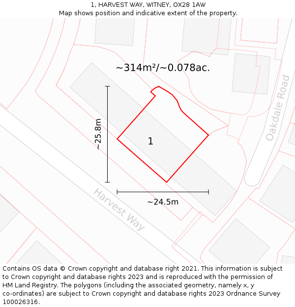 1, HARVEST WAY, WITNEY, OX28 1AW: Plot and title map