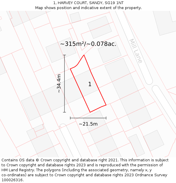 1, HARVEY COURT, SANDY, SG19 1NT: Plot and title map