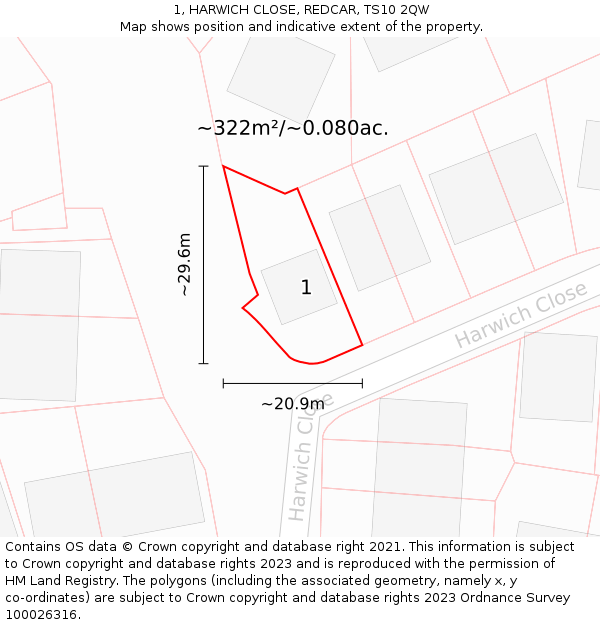 1, HARWICH CLOSE, REDCAR, TS10 2QW: Plot and title map