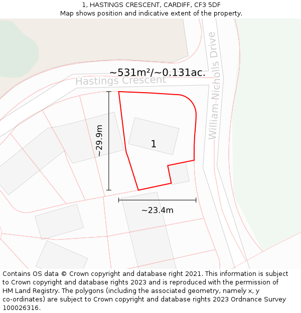 1, HASTINGS CRESCENT, CARDIFF, CF3 5DF: Plot and title map