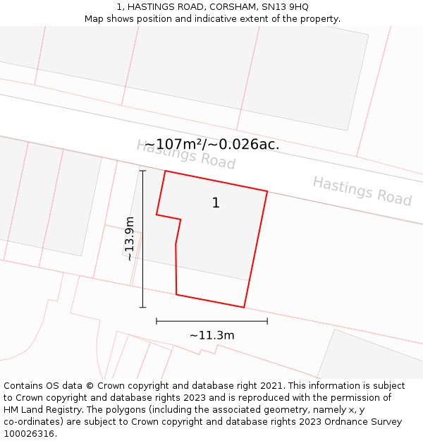 1, HASTINGS ROAD, CORSHAM, SN13 9HQ: Plot and title map