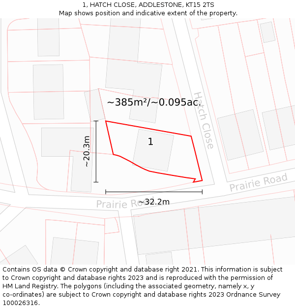 1, HATCH CLOSE, ADDLESTONE, KT15 2TS: Plot and title map