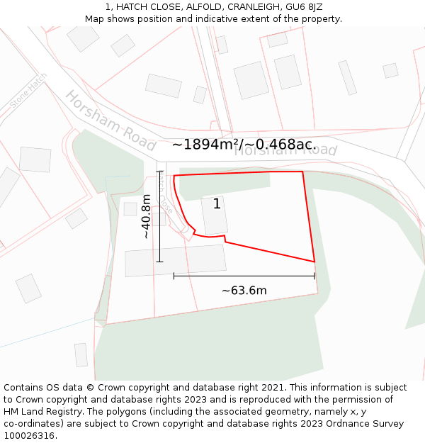 1, HATCH CLOSE, ALFOLD, CRANLEIGH, GU6 8JZ: Plot and title map