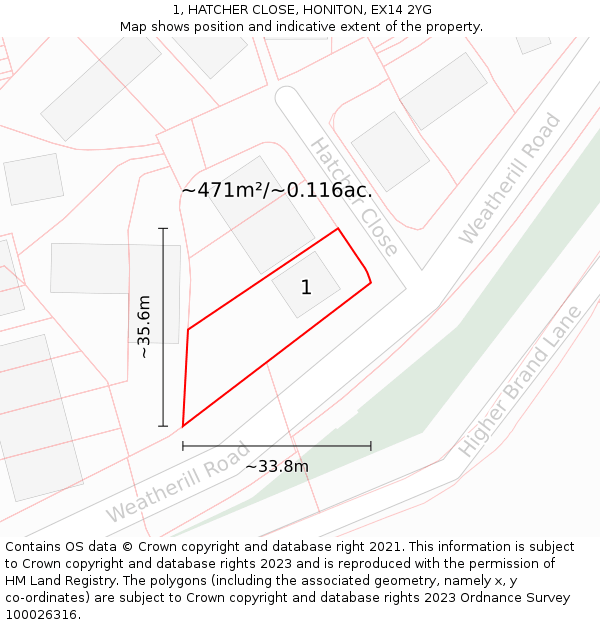 1, HATCHER CLOSE, HONITON, EX14 2YG: Plot and title map