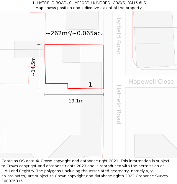 1, HATFIELD ROAD, CHAFFORD HUNDRED, GRAYS, RM16 6LS: Plot and title map