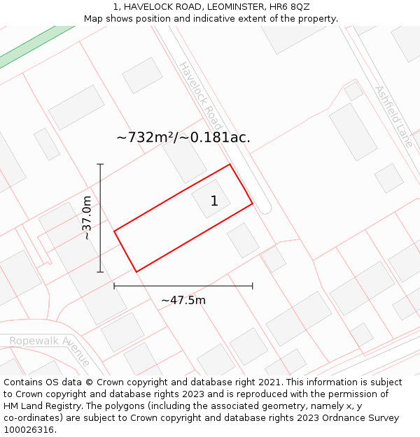 1, HAVELOCK ROAD, LEOMINSTER, HR6 8QZ: Plot and title map