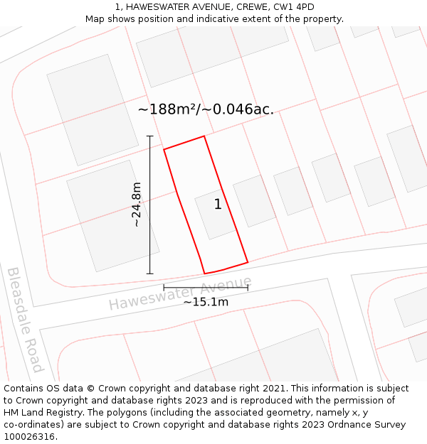 1, HAWESWATER AVENUE, CREWE, CW1 4PD: Plot and title map