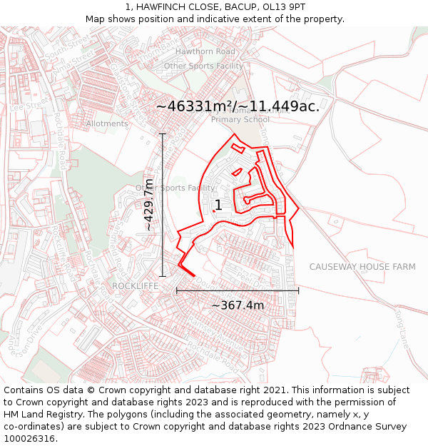 1, HAWFINCH CLOSE, BACUP, OL13 9PT: Plot and title map