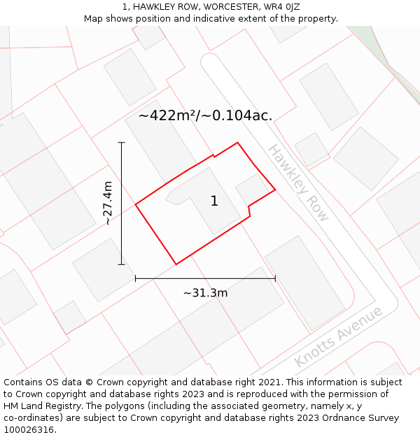 1, HAWKLEY ROW, WORCESTER, WR4 0JZ: Plot and title map