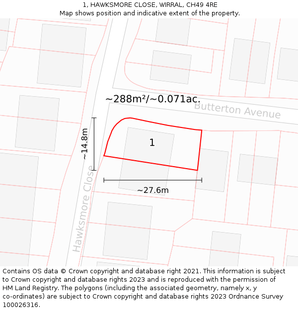 1, HAWKSMORE CLOSE, WIRRAL, CH49 4RE: Plot and title map