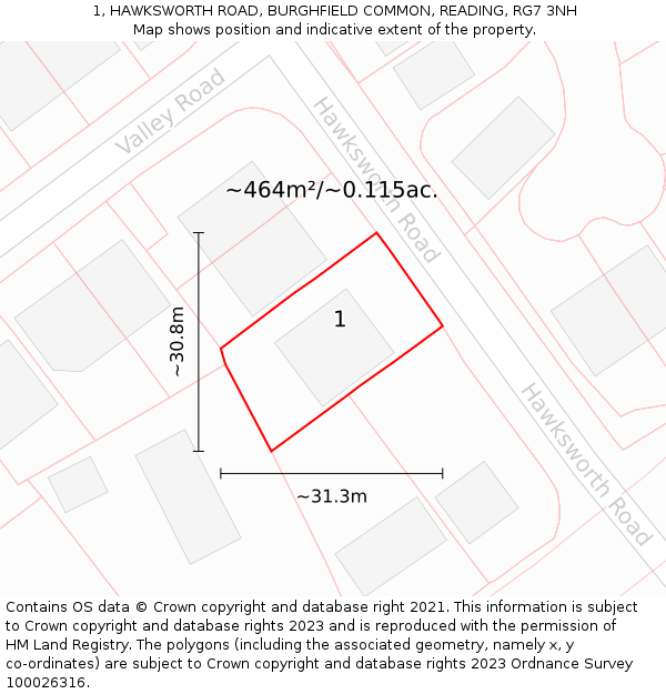 1, HAWKSWORTH ROAD, BURGHFIELD COMMON, READING, RG7 3NH: Plot and title map