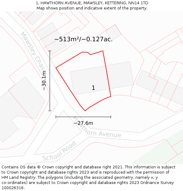 1, HAWTHORN AVENUE, MAWSLEY, KETTERING, NN14 1TD: Plot and title map