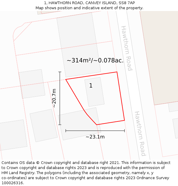 1, HAWTHORN ROAD, CANVEY ISLAND, SS8 7AP: Plot and title map