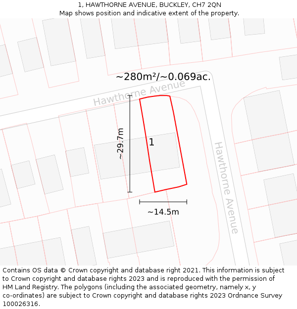 1, HAWTHORNE AVENUE, BUCKLEY, CH7 2QN: Plot and title map