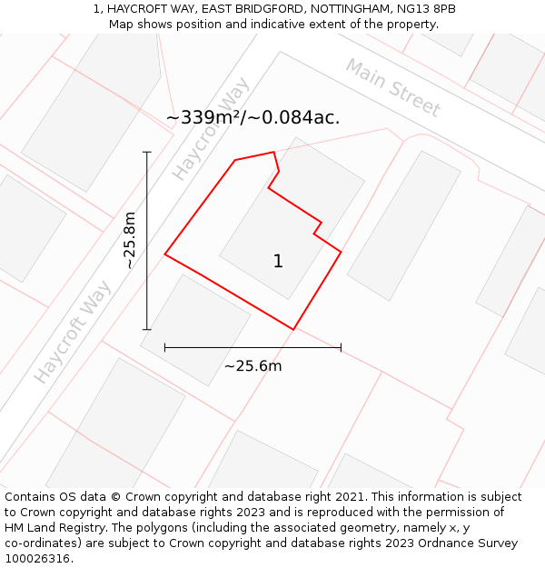 1, HAYCROFT WAY, EAST BRIDGFORD, NOTTINGHAM, NG13 8PB: Plot and title map