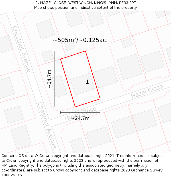 1, HAZEL CLOSE, WEST WINCH, KING'S LYNN, PE33 0PT: Plot and title map